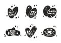 Dried fruits, grunge stickers set. Raisin, prunes, apricot, fig, pineapple, dates. Black texture silhouette with lettering inside