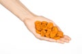 Dried fruits and meal preparation topic: human hand holding an orange dried apricots isolated on white background in studio Royalty Free Stock Photo