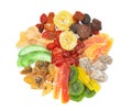 Dried fruits mix. It has the shape of a circle. Isolated on white background Royalty Free Stock Photo