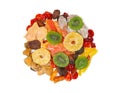 Dried fruits mix. It has the shape of a circle. Isolated on white background Royalty Free Stock Photo