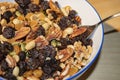 Dried fruits and mixed nuts inside a china bowl Royalty Free Stock Photo