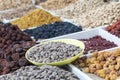 Dried fruits and nuts on local food market in Tashkent, Uzbekistan Royalty Free Stock Photo