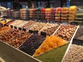 Nuts and dried fruits in the market window