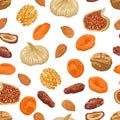 Dried fruits and nuts seamless pattern on white background. Vector illustration of figs, walnuts, dried apricots, almonds, dates i Royalty Free Stock Photo