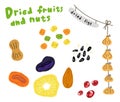 Dried fruits and nuts sketch. Prunes dried apricots and pineapple. Hand drawn. Vector cartoon illustration. Street