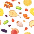 Dried fruits pattern. Seamless texture of different dry fruit and nuts, date raisin apricot lemon plum pineapple mango Royalty Free Stock Photo