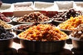 Dried fruits for sale on stall at farmers market. Royalty Free Stock Photo