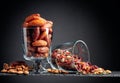 Dried fruits  various nuts  berries  and seeds on a black background Royalty Free Stock Photo