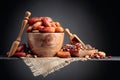 Dried fruits  various nuts  berries  and seeds in wooden dishes Royalty Free Stock Photo