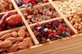 Dried fruits, various nuts and seeds in old wooden box Royalty Free Stock Photo