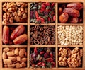 Dried fruits, various nuts and seeds in wooden box Royalty Free Stock Photo