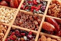 Dried fruits, various nuts and seeds in wooden box Royalty Free Stock Photo