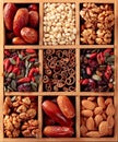 Dried fruits, various nuts and seeds in wooden box Royalty Free Stock Photo