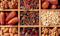 Dried fruits, various nuts and seeds in wooden box Royalty Free Stock Photo