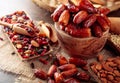 Dried fruits  various nuts and seeds on a wooden table Royalty Free Stock Photo