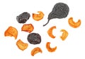 Dried fruits on white background - pears, apples and prunes. Top view Royalty Free Stock Photo