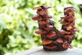 Dried ganoderma lucidum or reishi , lingzhi mushroom on natural background