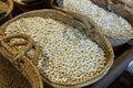 Dried ganxet bean in baskets in grocery shop Royalty Free Stock Photo