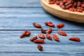 Dried goji berries on blue wooden table Royalty Free Stock Photo