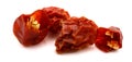 Dried Gorria Espelette short peppers, paths, top view. Royalty Free Stock Photo
