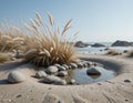 Dried grass with pebbles on sandy beach scene Royalty Free Stock Photo