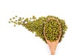 Green beans on a wooden spoon On a white background from the top corner. Royalty Free Stock Photo