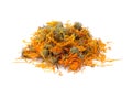 Dried healthy calendula flowers pile. Dry marigold petals heap on white. Royalty Free Stock Photo