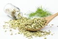 Dried herb, fennel seeds isolated, top view