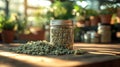 Dried herb in jar, greenhouse setting, sunlight, wooden table Royalty Free Stock Photo