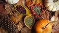 Dried Herbs in Bowls with Pumpkins on Dry Leaves Royalty Free Stock Photo