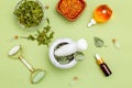 Dried herbs and face roller on green background. Organic skin care Royalty Free Stock Photo