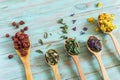 Dried herbs, flowers and berries for herbal tea. Top view, Royalty Free Stock Photo