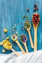 Dried herbs, flowers and berries for herbal tea. Top view, Royalty Free Stock Photo