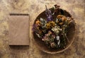 Dried herbs and flowers and notebook recipes. Royalty Free Stock Photo