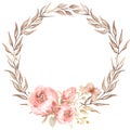 Dried herbs and peony flowers bouquet wreath in watercolor. Dried leaves branch frame with butterfly, pink floral border. Royalty Free Stock Photo