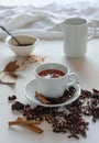 Dried hibiscus leaves for tea or infusions, cinnamon sticks and brown sugar