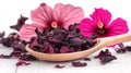 Dried hibiscus petals are scattered on a table surface beside a wooden spoon Royalty Free Stock Photo