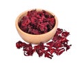 Dried hibiscus sabdariffa or roselle fruits in wooden bowl