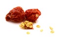 Dried Gorria Espelette short peppers, paths, top view. Royalty Free Stock Photo