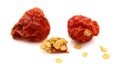 Dried whole paprika chile, paths, top view. Royalty Free Stock Photo