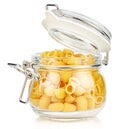 Dried italian pasta snail Pipe rigate in a open transparent glass jar with rubber seal and metal clamp on lid isolated on white Royalty Free Stock Photo