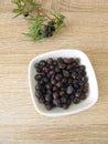 Dried juniper berries and juniper twig Royalty Free Stock Photo