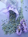 Dried lavender in bag and fresh flowers Royalty Free Stock Photo