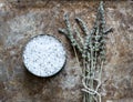 Dried lavender flatlay on rustic background with bathsalt