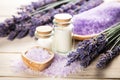 dried lavender flowers next to homemade bath salts