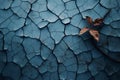 a dried leaf on a cracked blue wall