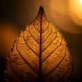 A dried leaf is depicted against a warm, blurred background. The intricate network of Royalty Free Stock Photo
