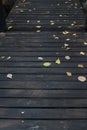 Dried leaves fall on boardwalk wooden
