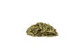 Dried leaves o Lemon verbena in latin Aloysia citrodora heap isolated on white background. Medicinal herb.