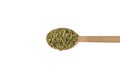 Dried leaves o Lemon verbena in latin Aloysia citrodora on wooden spoon isolated on white background.